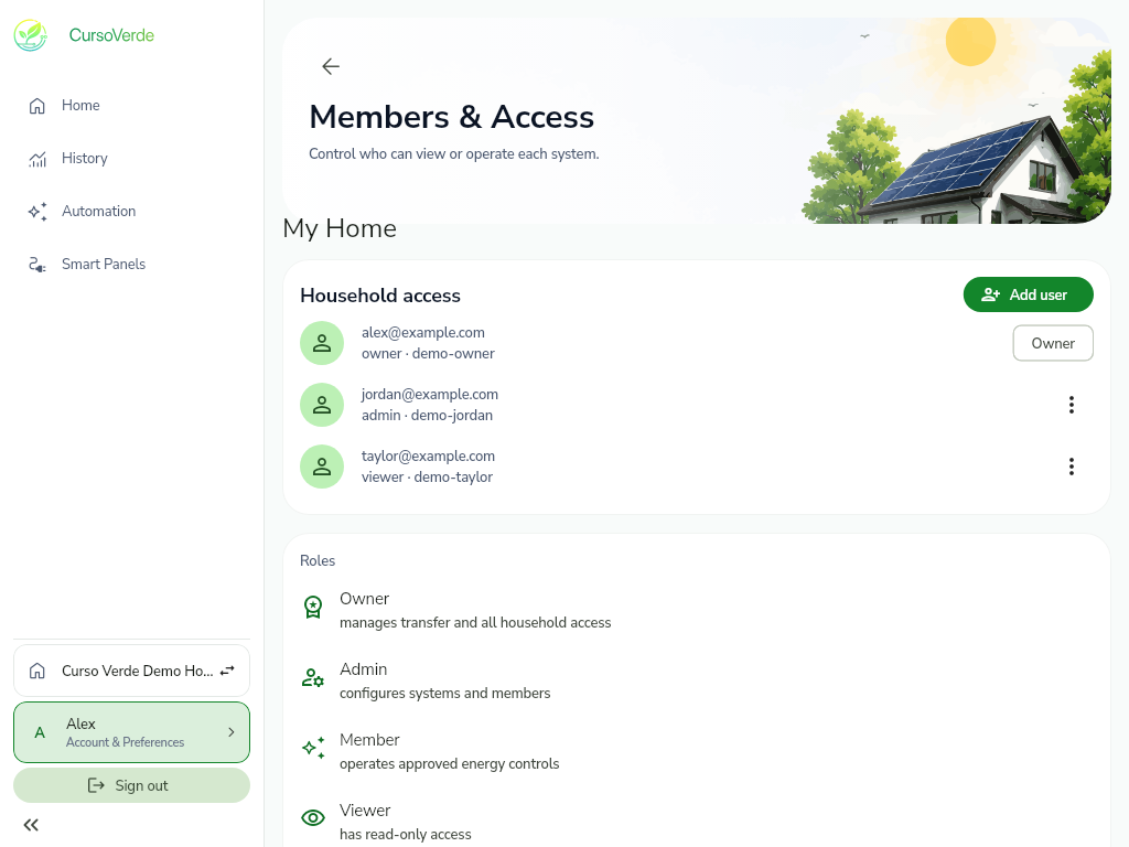 CursoVerde Members and Access screen listing owner, admin, member, and viewer roles